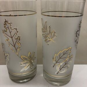 Set of 8Vintage Libbey CO Golden Leaves Foliage Frosted Glass 12 OZ Flat Tumbler